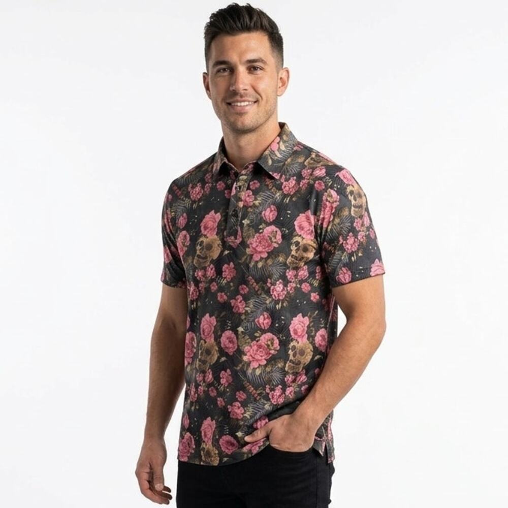 Grunt Style Performance Golf Polo Shirt Mens S Black Pink Floral Skulls Grenades